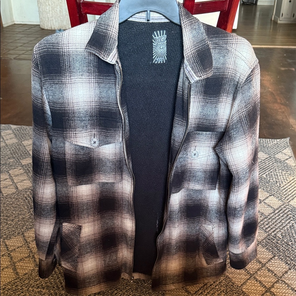 Men's Plaid Zip-Front Shacket Jacket - Black & Cream